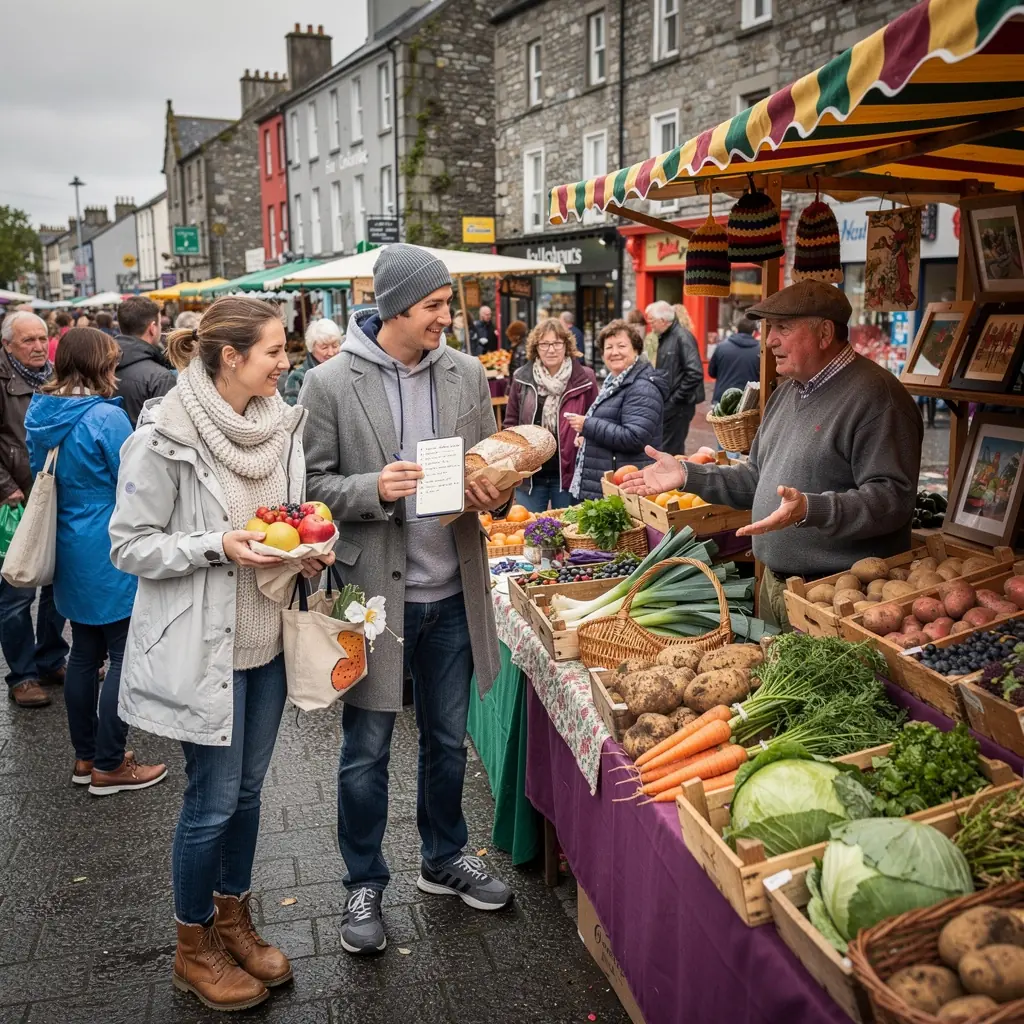 A scenic view of Ireland's lush green hills and rolling landscapes under a bright blue sky.